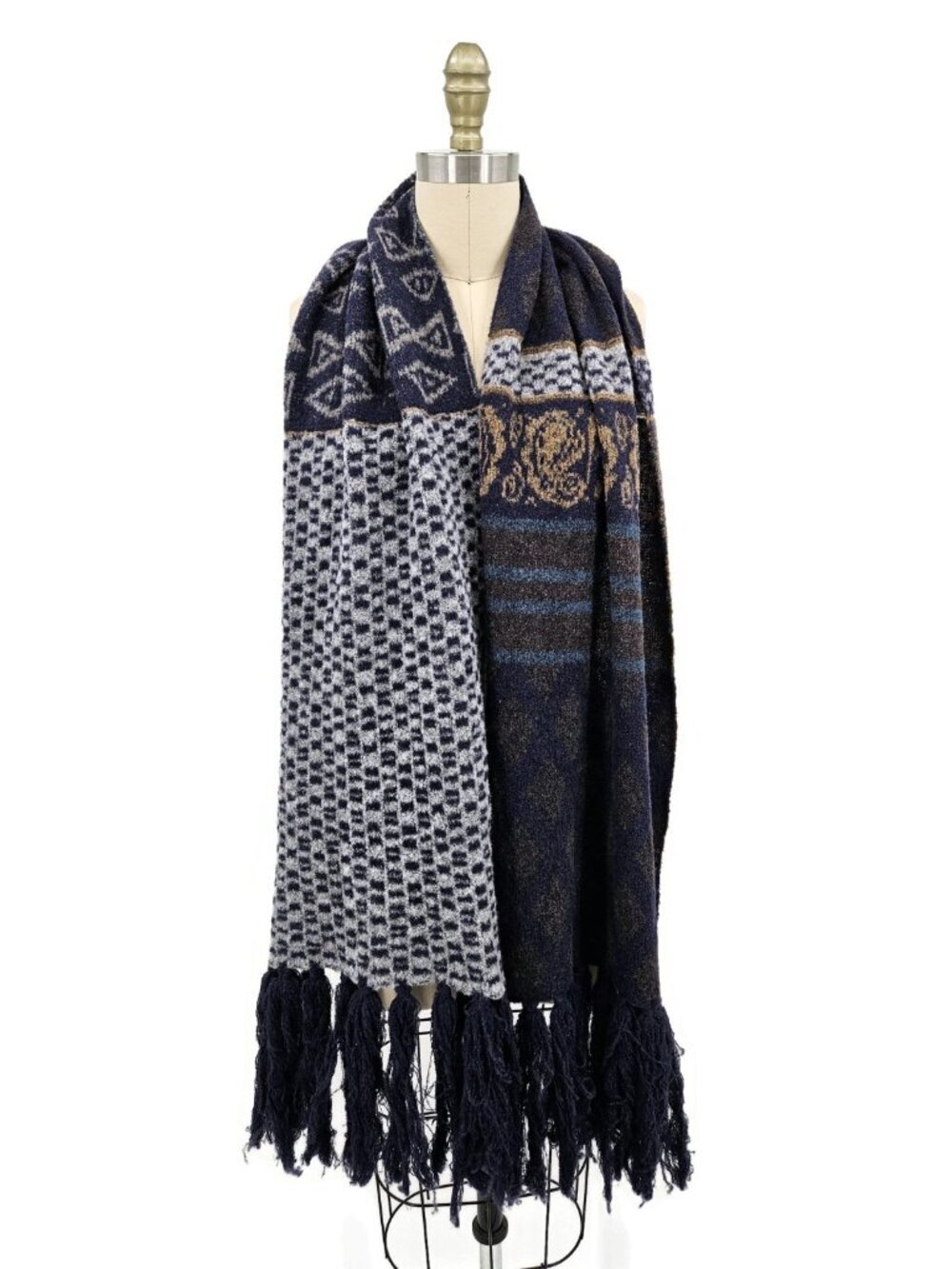 ETRO Italy Wool Blend Scarf Shawl Blue Paisley Geometric Tassel Fringe Blue Grey